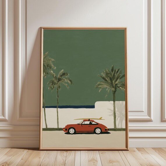 Porsche Printable Wall Art, Red Vintage 911 Sports Car Coastal Poster (Instant Download)