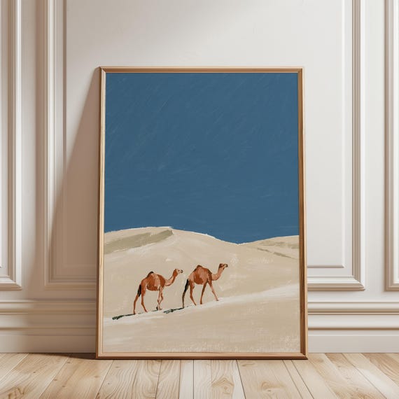 Desert Camels Painting, Serene Minimalist Landscape Wall Art (Digital Download) 519