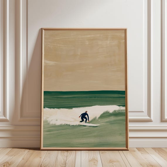 Surfer Riding Green Wave, Minimalist Coastal Gouache Painting (Digital Download) 262
