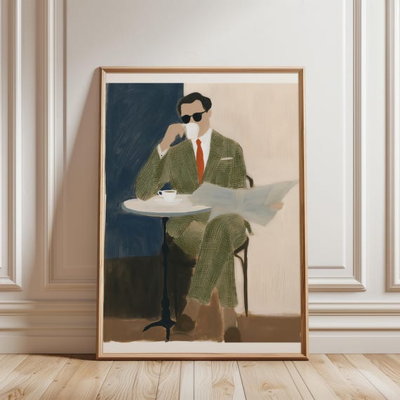 Retro Suave Man at Café Table Gouache Painting, Vintage Minimalist Art (Digital Download) 500