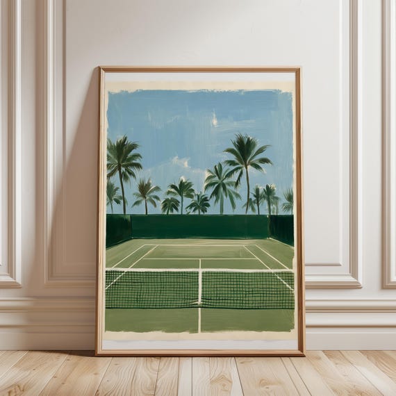 Tropical Tennis Court Art with Palm Trees, Summer Decor (Digital Download) 680