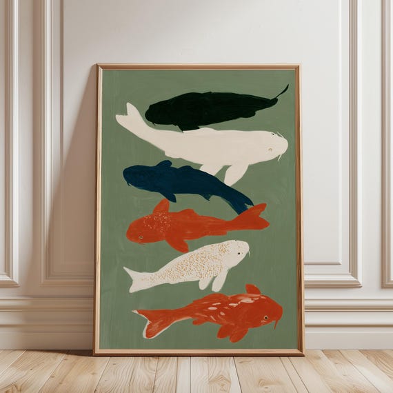 Koi Fish Painting - Japanese Garden Decor, Sage Green Zen Printable Wall Art for Living Room Bedroom (Digital Download)