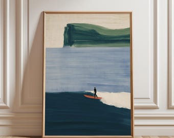 Paisaje marino escandinavo con surfistas, arte costero minimalista de las Islas Feroe (descarga digital) 253