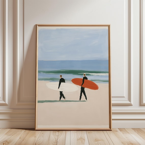 Coastal Surfer Gouache Painting, Modern Beach Summer Decor (Digital Download) 701