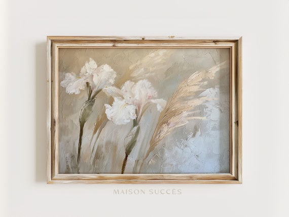 White Iris Vintage Oil Painting | Muted Floral Art (Digital Download)