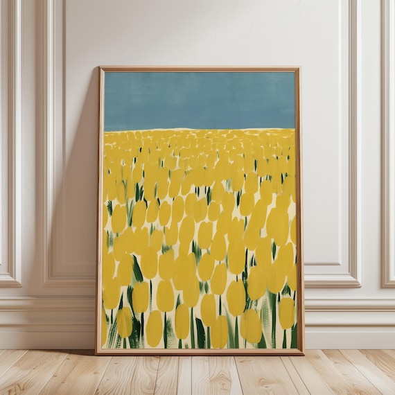 Sunny Yellow Tulips Gouache Painting, Cheerful Floral Wall Art Decor (Digital Download) 282
