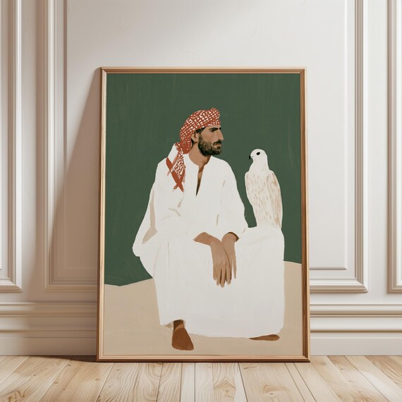 Bedouin Falcon Portrait, Gouache Painting, Desert-Inspired Cultural Wall Art (Digital Download) 537