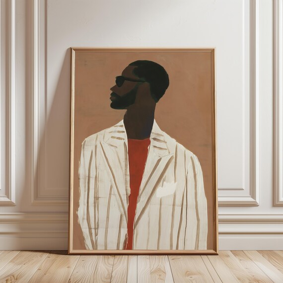Fashion Portrait: Stylish Black Man in Profile Gouache Painting (Digital Download) 455