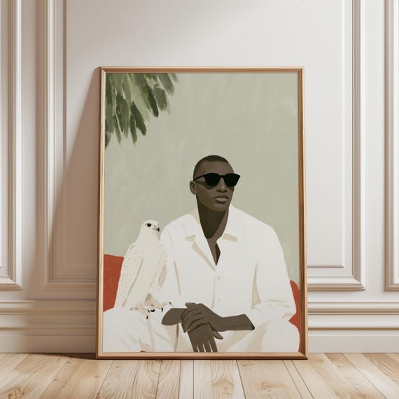 Modern Minimalist Portrait: Black Man with Falcon, Neutral Home Decor (Digital Download) 538