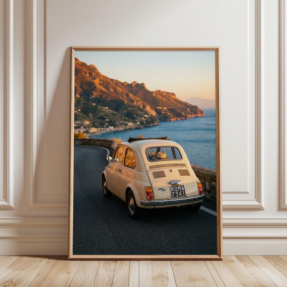 Amalfi Coast Wall Art – Fiat 500 Sunset Drive Print, La Dolce Vita Mediterranean Decor (Digital Download)