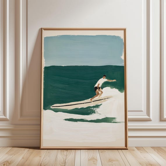 Surfer Riding Wave Gouache Painting, Coastal Summer Decor Art (Digital Download) 670