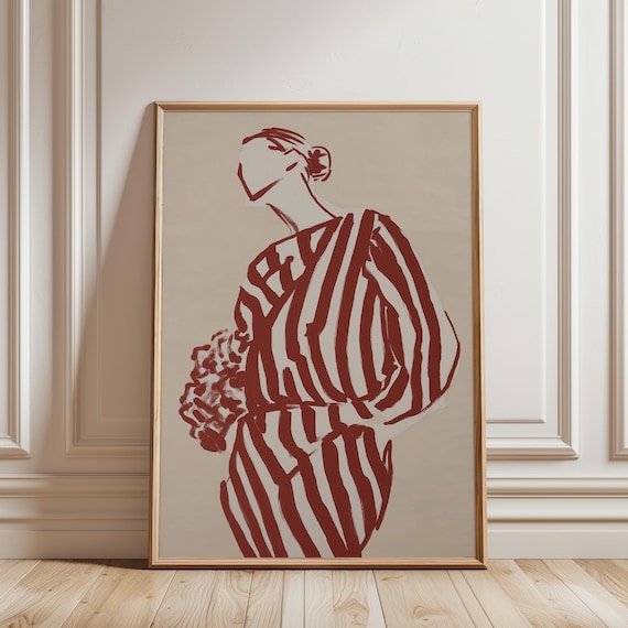 Abstract Woman Wall Art Print, Scandinavian Stripe Art, Burgundy Elegant Decor (Digital Download)