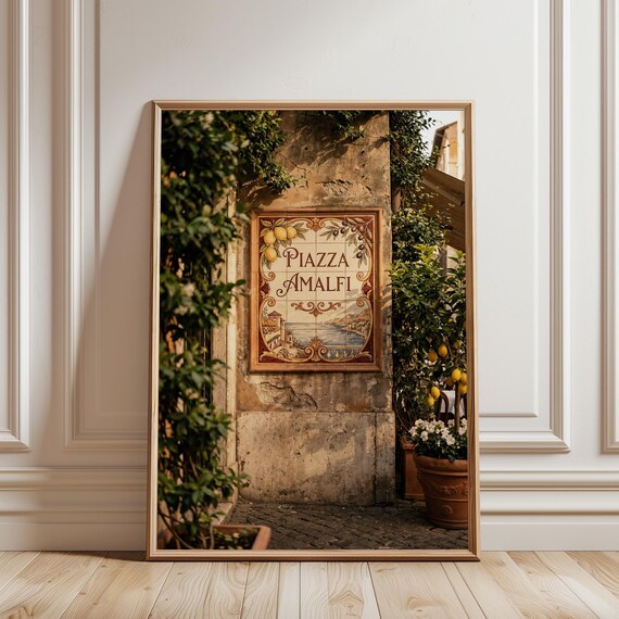 Piazza Amalfi Wall Art – Amalfi Coast Tile Sign with Lemon Trees (Digital Download)