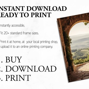 Tuscan arch print: brick Italian archway framing a countryside valley with stone path and olive trees in oil painting style.