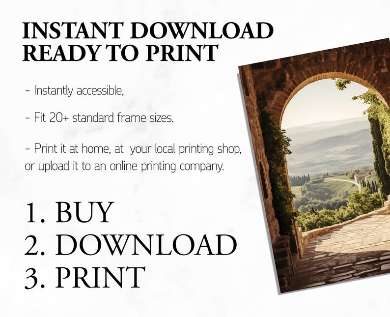 Tuscan arch print: brick Italian archway framing a countryside valley with stone path and olive trees in oil painting style.