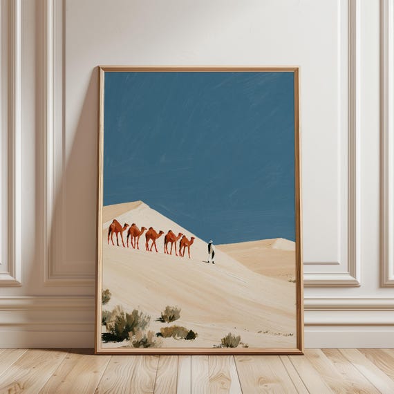 Serene Desert Camel Caravan Gouache Painting, Boho Travel Wall Art (Digital Download) 577