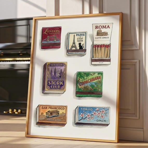 Vintage Travel Matchbox Poster Set – Illustrated City Matchbook Art, London Paris New York Tokyo, Retro Decor Download