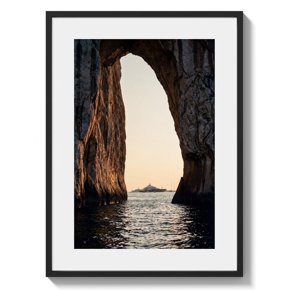 Mediterranean Wall Art Print, Rock Arch and Luxury Yacht, Golden Hour Coastal Scene, Italian Travel Decor (Instant Download)