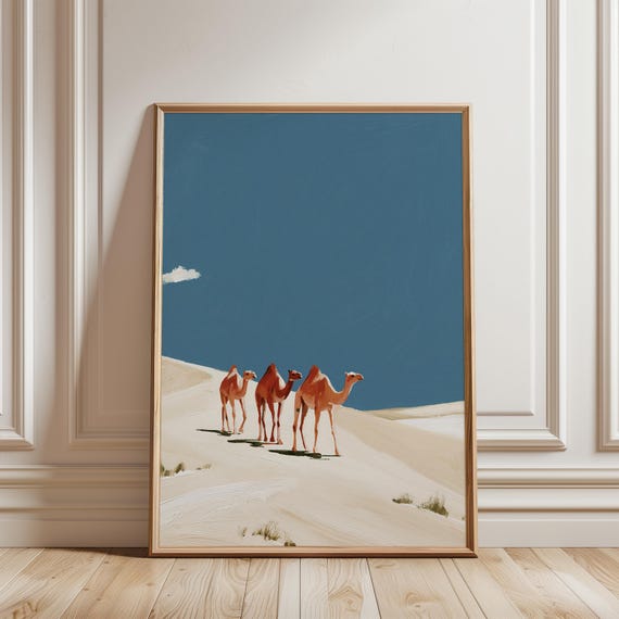 Desert Camel Caravan Art, Vintage Travel Poster Style Gouache Painting (Digital Download) 548