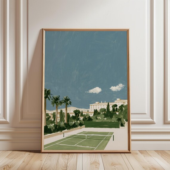 Sunlit Tennis Court at Grand South France Hotel, Summer Decor Art (Digital Download) 683