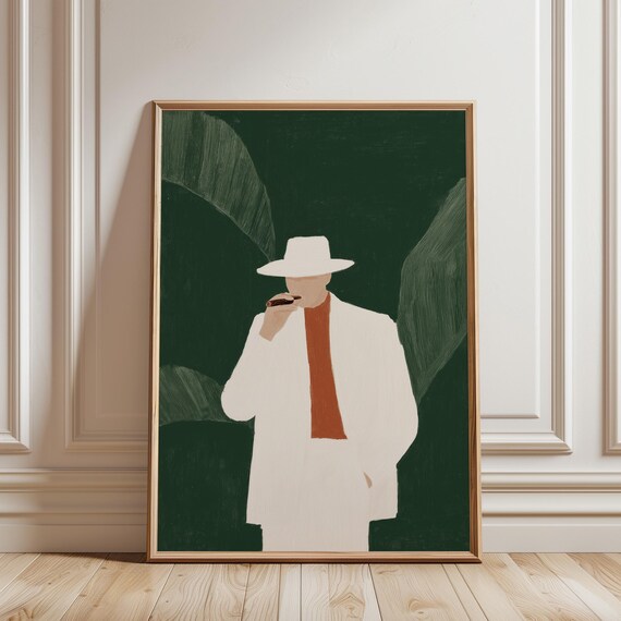 Man With Cigar Wall Art Print, Modern Minimalist Figure, Sage Green Botanical Decor, Sophisticated Living Room Art (Digital Download)