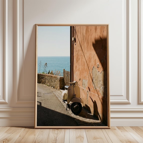 Vintage Vespa by Sunlit Tuscan Wall, Mediterranean Coastal Photography (Digital Download) 209
