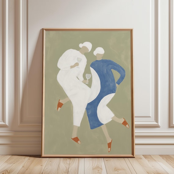 Mid Century Kitchen Wall Art Print, Two Women Wine Painting, Retro Friendship Decor, Abstract Sage Green Dining Room (Digital Download)
