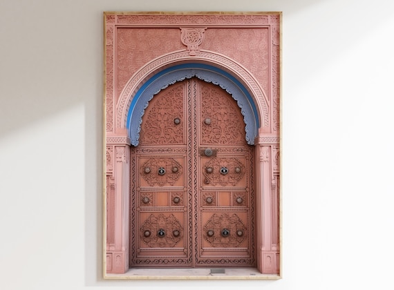 Pastel Pink Moroccan Door Print: Boho Mediterranean Wall Decor Printable.