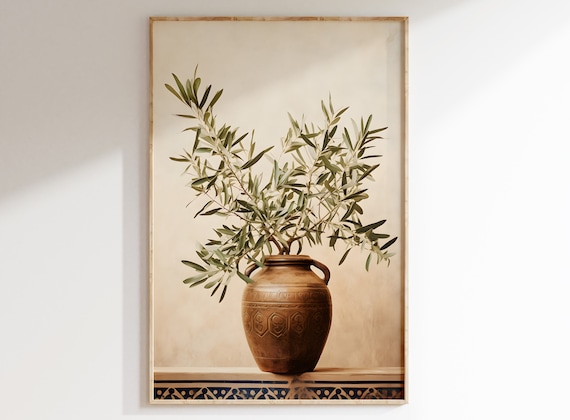 Mediterranean Decor | Olive branch in a rustic clay vase | Coastal PRINTABLE Digital Art Print | Instant Download Wall art.