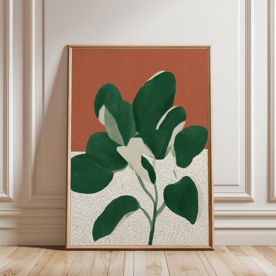 Monstera Plant Wall Art Print, Terracotta Green Botanical, Modern Tropical Leaf Decor, Minimalist Boho Living Room Art (Digital Download)
