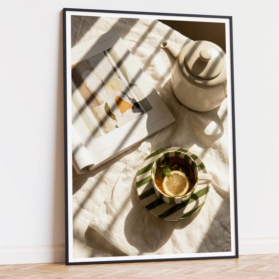 Morning Tea Print, Lemon Mint Still Life, Sunlit Kitchen Wall Art (Instant Download)