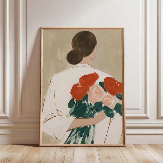 Woman Holding Rose Bouquet Painting in Romantic Minimal Style (Digital Download) 573
