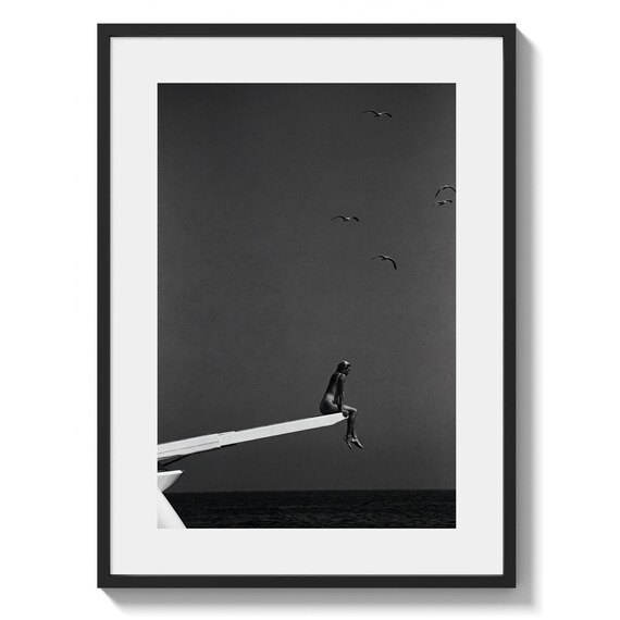 Minimalist Black and White Diver Print, Moody Ocean Photography Wall Art, Fine Art Coastal Decor, Modern Monochrome Poster