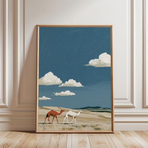 Serene Camel Desert Scene Gouache Painting with Blue Sky (Digital Download) 518