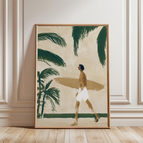 Surfer in Tropical Paradise Gouache Painting, Modern Summer Print (Digital Download) 674