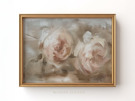 Vintage Home Decor Pink Roses Print: Neutral Muted Tone 1900s Art Digital Download