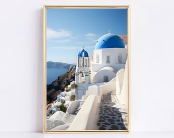 Peut inclure: Une église blanche avec un dôme bleu et un clocher sur une falaise surplombant l'océan. L'église est entourée de bâtiments blancs et d'un chemin pavé.