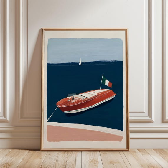 Retro Riva Wooden Boat Gouache Painting, Coastal Nautical Wall Art (Digital Download) 472