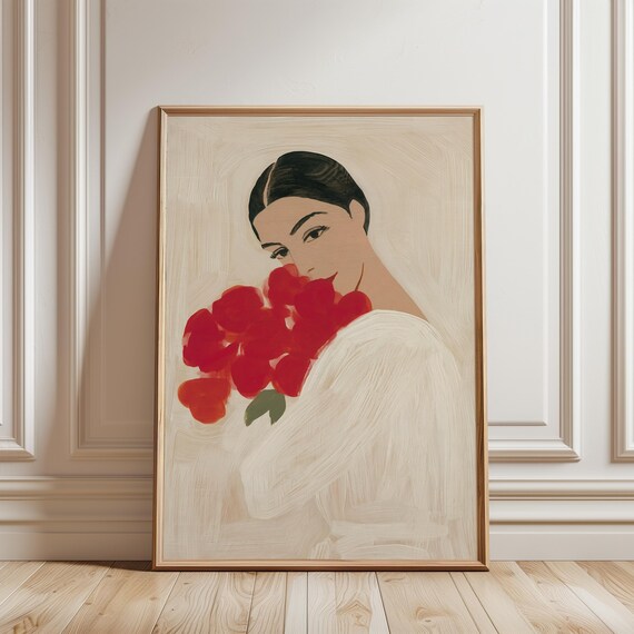 Romantic Woman with Red Roses, Vintage Gouache Painting Wall Art (Digital Download) 574