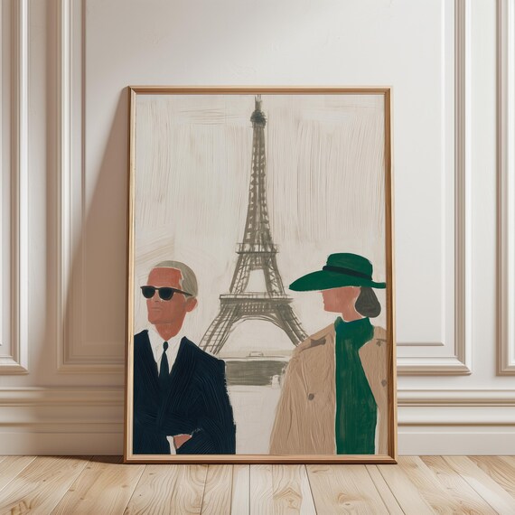 Chic Parisian Couple Illustration, Vintage Fashion Art with Eiffel Tower Background (Digital Download) 413