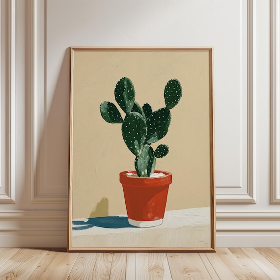 Potted Prickly Pear Cactus Art, Modern Folk Watercolor Painting (Digital Download) 575