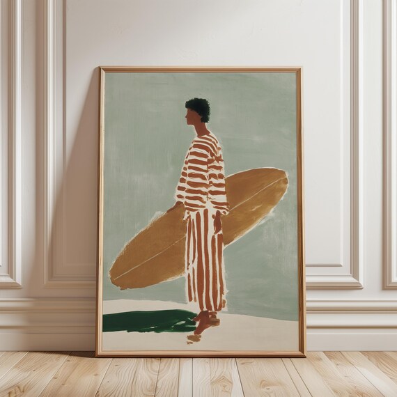 Solitary Surfer Gouache Painting, Vintage Beach Art Print, Calm Coastal Decor (Digital Download) 434