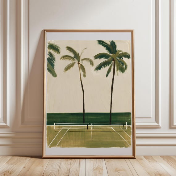 Minimalist Tennis Court Scene, Coastal Mid-Century Art, Summer Decor (Digital Download) 679