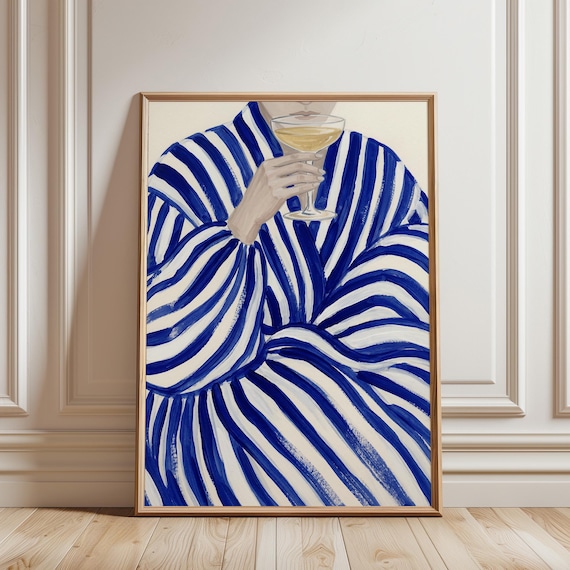 Champagne Painting Poster, Blue Stripe Woman Wall Art Print, Modern Minimal Decor (Digital Download)