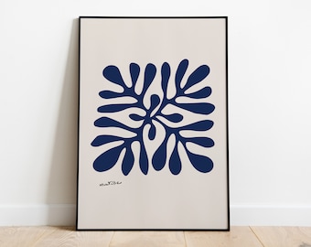 May include: A navy blue abstract floral design print on a light beige background. The print is framed in a black frame. The artist's signature "matisse" is in the bottom left corner.