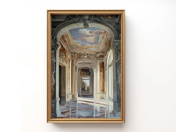 Italian Palazzo Hallway with Frescoed Ceiling, printable Oil Painting,  Vintage Baroque Architecture Art Print