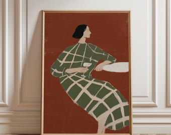 Cozy Woman with Coffee, Mid Century Modern Wall Art, Minimalist Fashion Figure Printable, Terracotta Green Living Room (Digital Download)