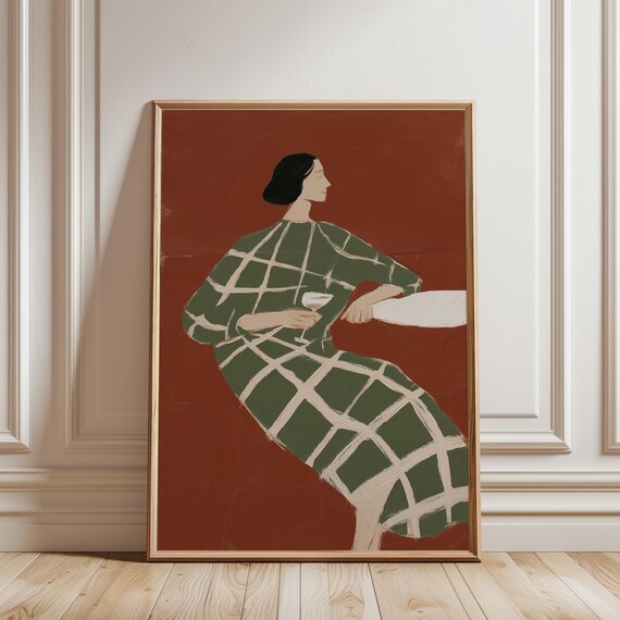 Cozy Woman with Coffee, Mid Century Modern Wall Art, Minimalist Fashion Figure Printable, Terracotta Green Living Room (Digital Download)