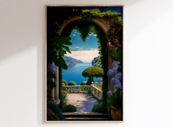 Victorian painting of a Garden on the Almafi coast, Printable Art, Beautiful Era, Botanical Oil Painting, Antique, Victorian architecture.