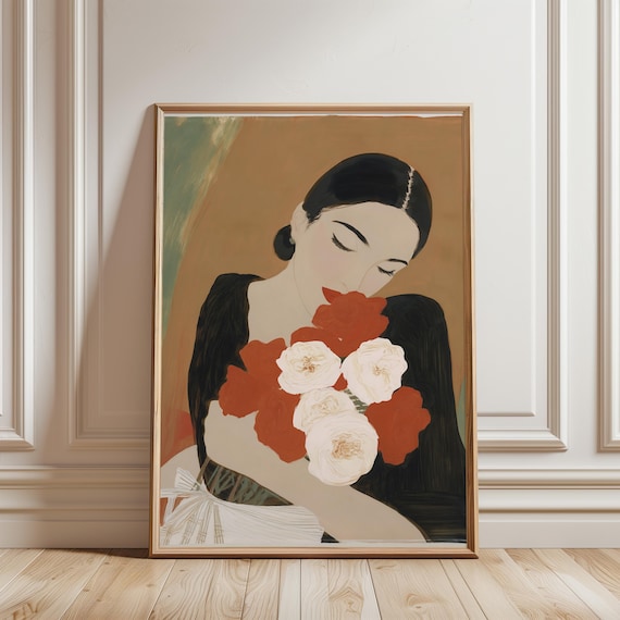Romantic Woman with Roses Painting, Vintage-inspired Minimalist Wall Art (Digital Download) 570